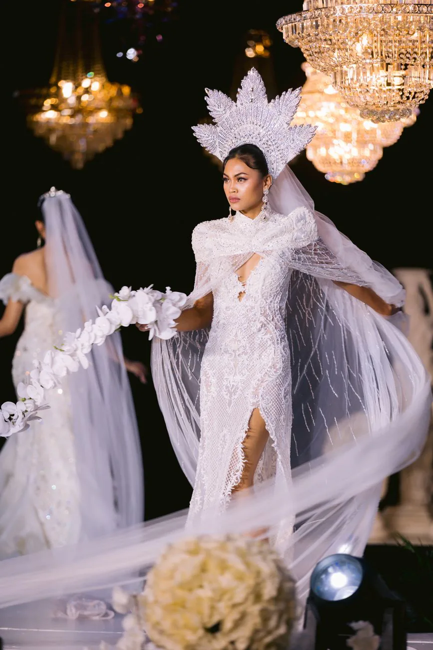 Bridal couture with intricate designs and chandeliers